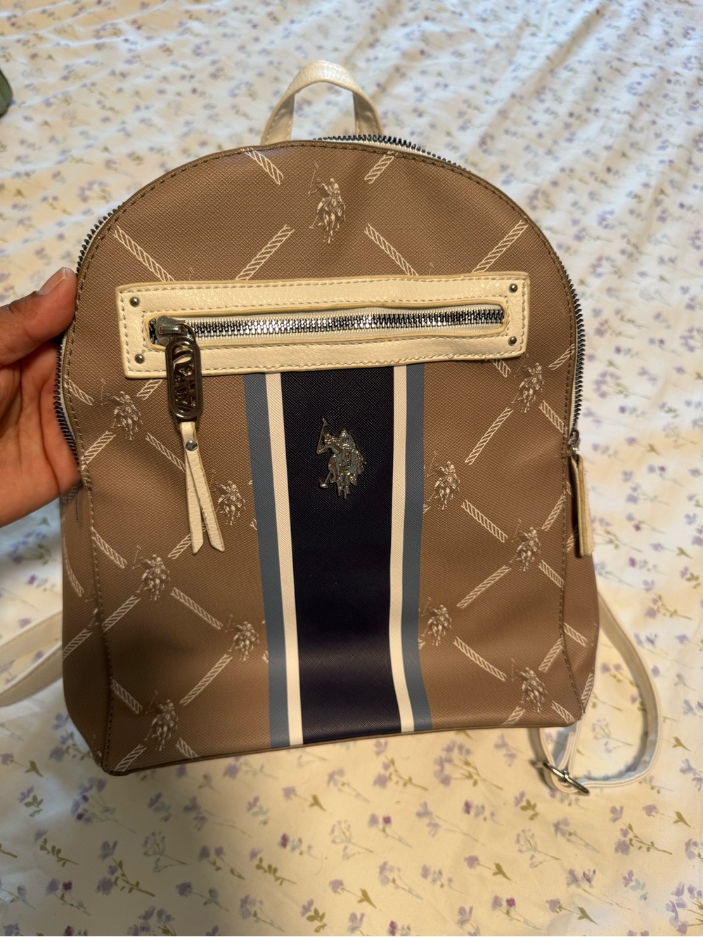 U.S. Polo Assn. Taupe Backpack with Navy and White Stripes